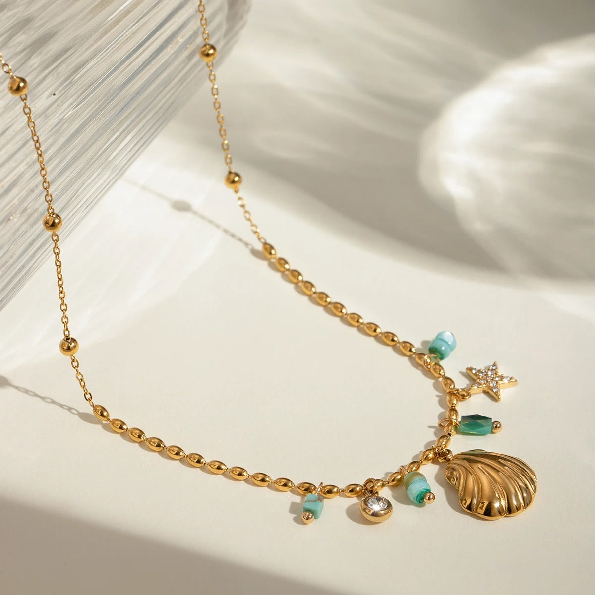 Gold Shell Crystal Pendant Necklace