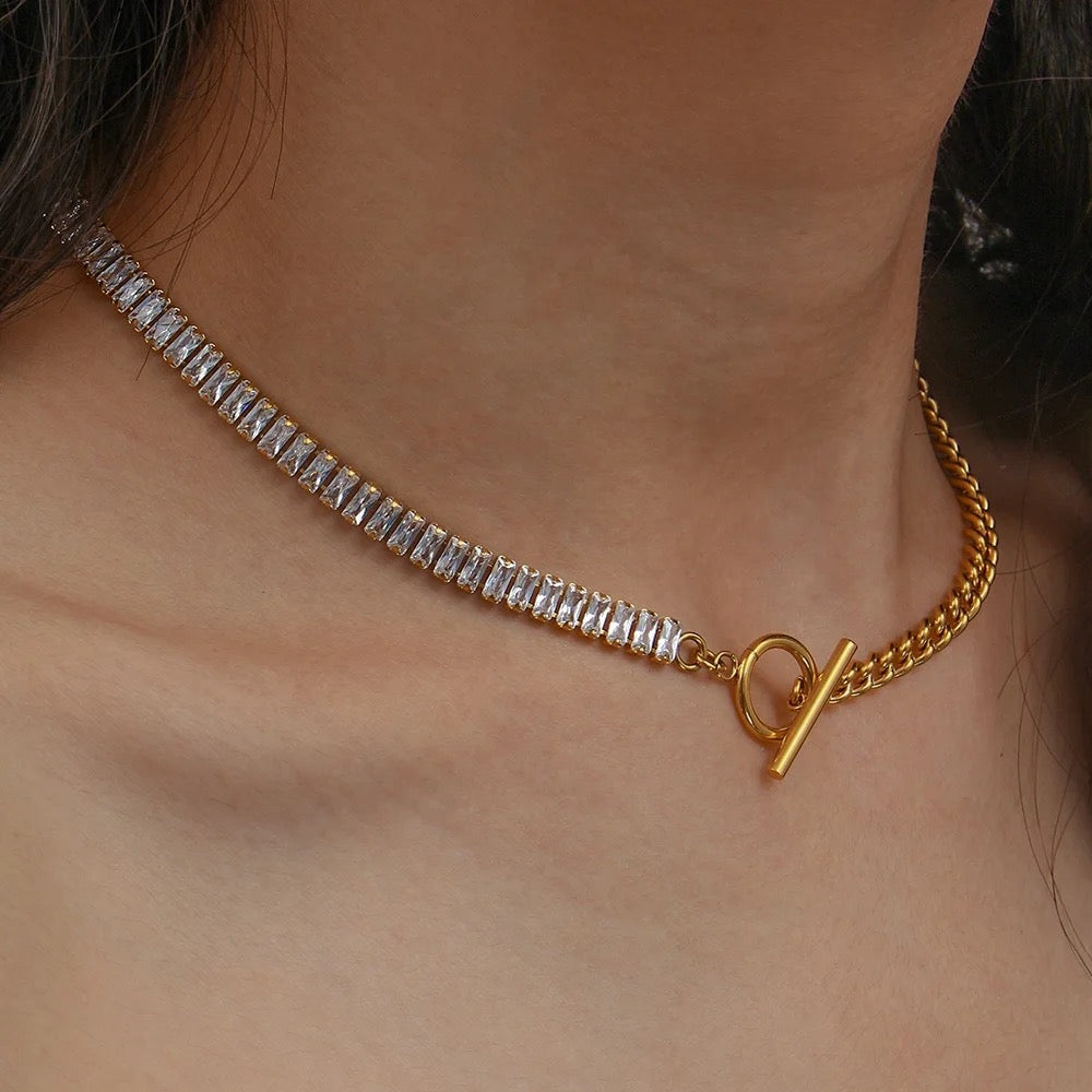 Gold Tennis Necklace with Link Chain