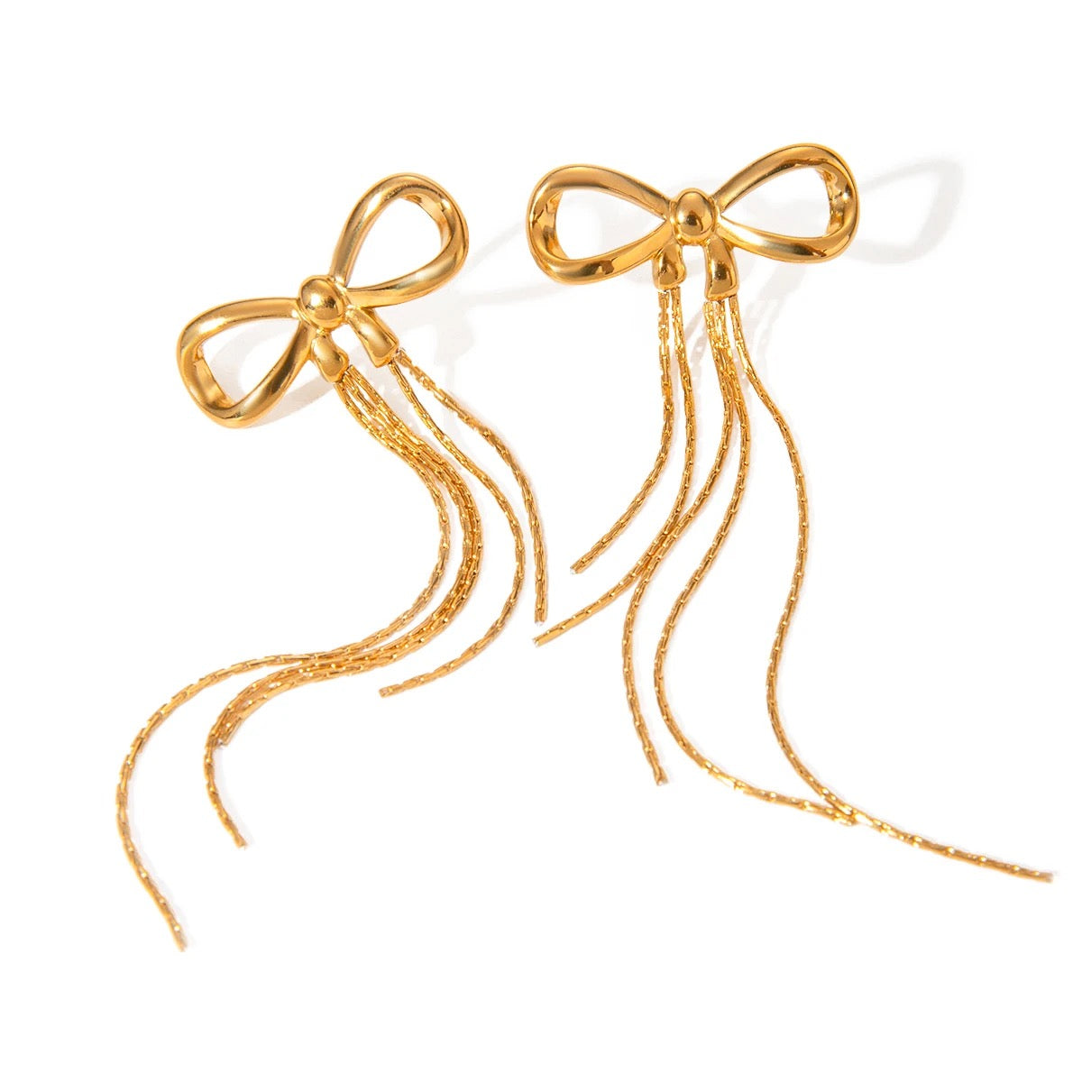 Gold Bow Tassel Stainless Steel Earings