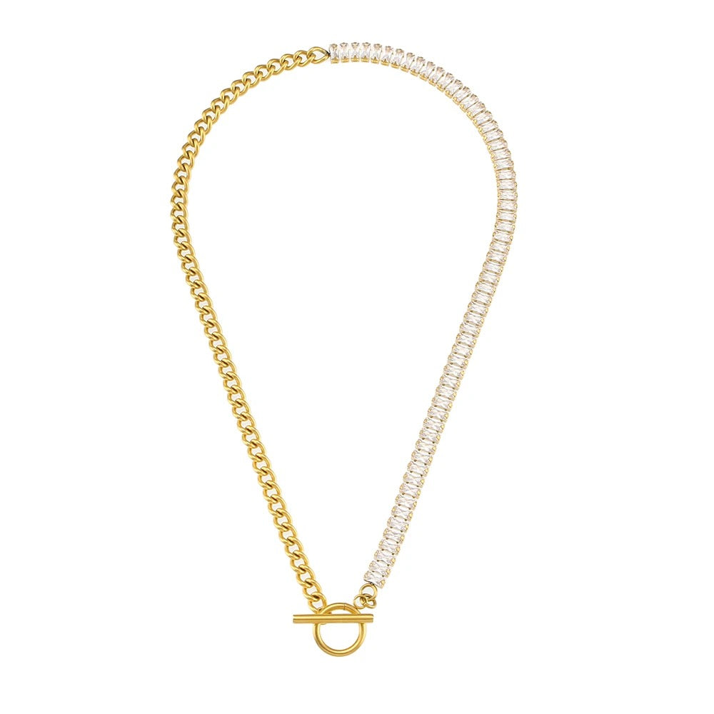 Gold Tennis Necklace with Link Chain