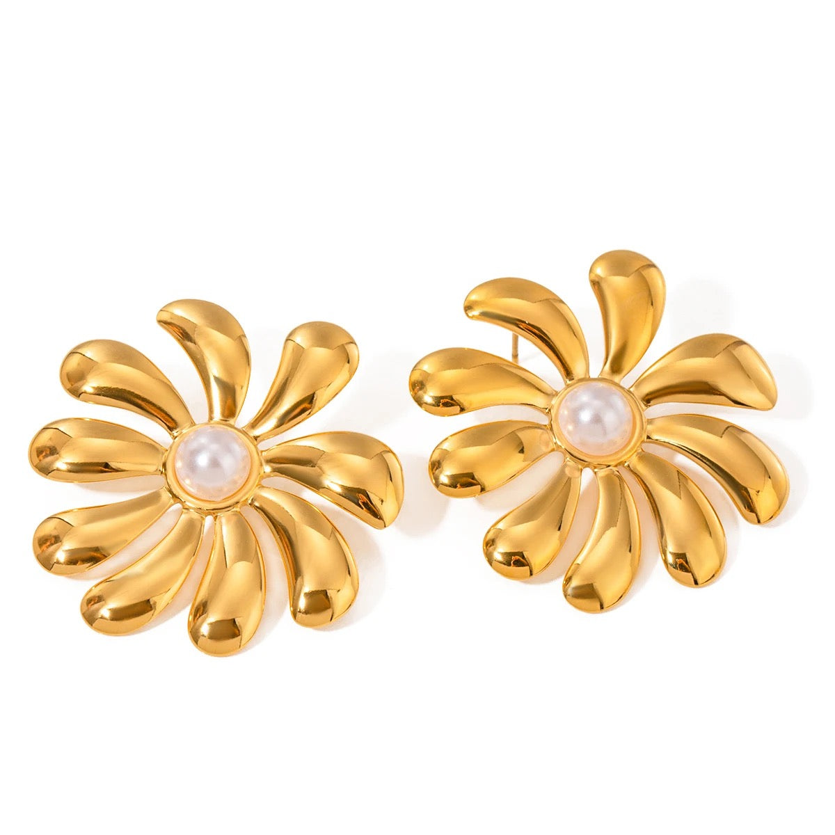 Gold Pearl Sunflower Earrings